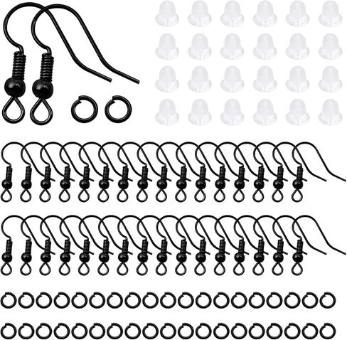 TOAOB 300pcs Earring Hooks Kits Black French Ear Wires with Ball and Coil 18mm Fish Hook Earring Making Supplies with Jump Rings and Clear Silicone Ear Backs for DIY Jewelry Findings in Saudi Arabia