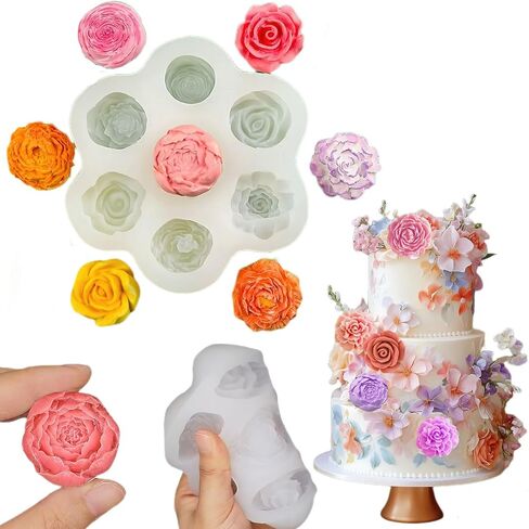 7 Cavity Rose Peony Moldes Silicone, Reusable Wax Molds for Candle Making Tools, 4.5 * 4.5inch 3D Flower Silicone Molds DIY for Candy Cake Jelly Chocolate Decorating(White) in Saudi Arabia