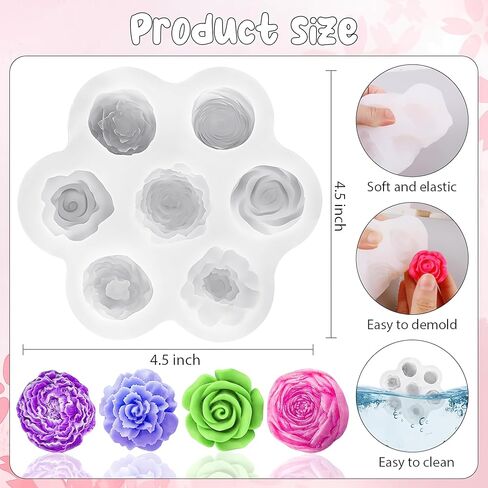 7 Cavity Rose Peony Moldes Silicone, Reusable Wax Molds for Candle Making Tools, 4.5 * 4.5inch 3D Flower Silicone Molds DIY for Candy Cake Jelly Chocolate Decorating(White) in Saudi Arabia