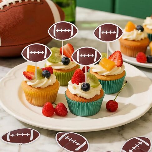 72pcs Football Cupcake Toppers, Delicate Rugby Toothpicks Wooden Tooth Picks with Paper Flags for Sport Themed Party Cake Decorations Favors Supplies in Kuwait