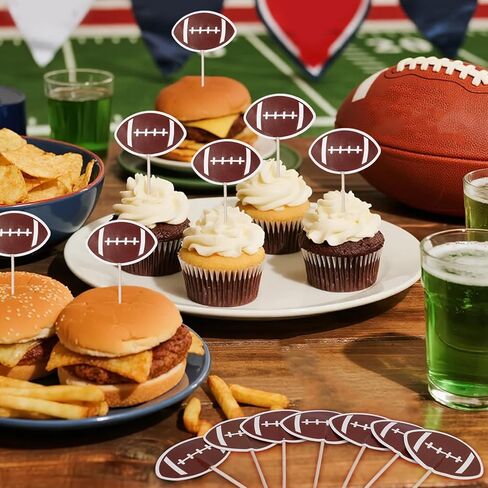 72pcs Football Cupcake Toppers, Delicate Rugby Toothpicks Wooden Tooth Picks with Paper Flags for Sport Themed Party Cake Decorations Favors Supplies in Kuwait