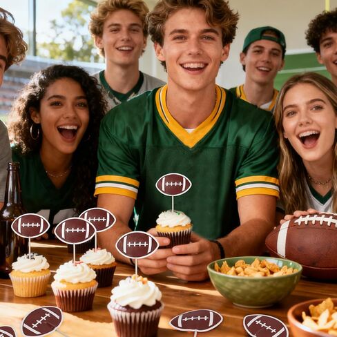 72pcs Football Cupcake Toppers, Delicate Rugby Toothpicks Wooden Tooth Picks with Paper Flags for Sport Themed Party Cake Decorations Favors Supplies in Kuwait