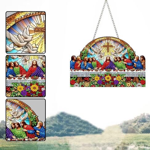 STGLCR Religious Diamond Art Hanging Kit for Adult The Last Supper,Special Shaped DIY Acrylic Jesus Christ Cross Diamond Art Painting Window Pendants Home Garden Wall Hanging Kits Hanging Ornament in Saudi Arabia
