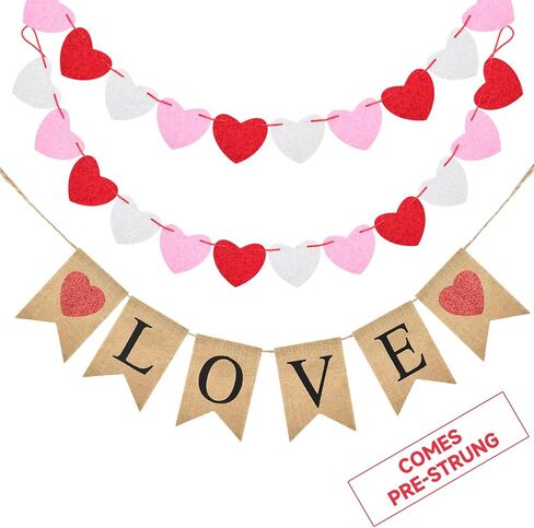 لافتة jijAcraft Valentines الخيش مع لافتة قلب من اللباد لديكور عيد الحب، لافتة معلقة للحب الريفي مُجمَّعة مسبقًا و24 قطعة من لافتة تزيين على شكل قلب من اللباد لجدار مدفأة الوشاح in Kuwait