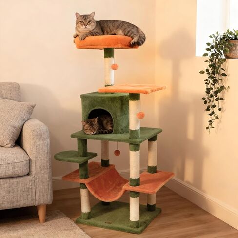 DORTALA Cat Tree for Indoor Cats, 58" Tall Cat Tower with Top Perch, Condo, Hammock, Sisal Scratching Posts, 3 Dangling Balls, Platforms, Multi-level Pet Climbing Furniture Playground (Green & Orange) in Saudi Arabia