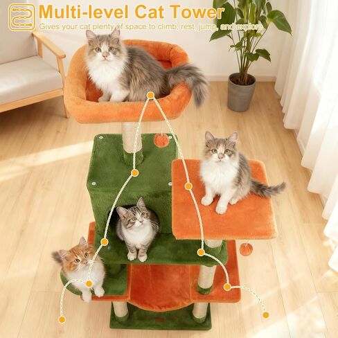 DORTALA Cat Tree for Indoor Cats, 58" Tall Cat Tower with Top Perch, Condo, Hammock, Sisal Scratching Posts, 3 Dangling Balls, Platforms, Multi-level Pet Climbing Furniture Playground (Green & Orange) in Saudi Arabia