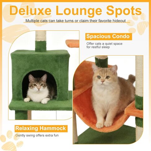 DORTALA Cat Tree for Indoor Cats, 58" Tall Cat Tower with Top Perch, Condo, Hammock, Sisal Scratching Posts, 3 Dangling Balls, Platforms, Multi-level Pet Climbing Furniture Playground (Green & Orange) in Saudi Arabia