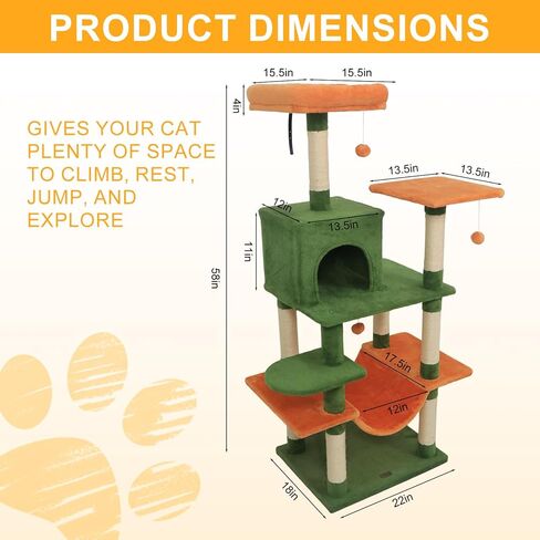 DORTALA Cat Tree for Indoor Cats, 58" Tall Cat Tower with Top Perch, Condo, Hammock, Sisal Scratching Posts, 3 Dangling Balls, Platforms, Multi-level Pet Climbing Furniture Playground (Green & Orange) in Saudi Arabia