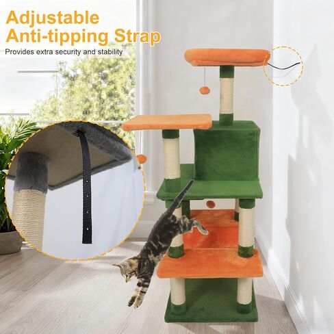 DORTALA Cat Tree for Indoor Cats, 58" Tall Cat Tower with Top Perch, Condo, Hammock, Sisal Scratching Posts, 3 Dangling Balls, Platforms, Multi-level Pet Climbing Furniture Playground (Green & Orange) in Saudi Arabia