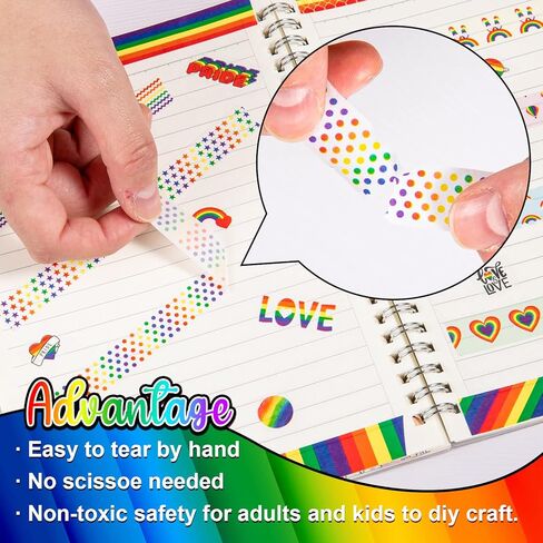 Whaline 12 Rolls Rainbow Washi Tape Gay Pride Day Washi Masking Tape Colorful Heart Love Decorative Paper Stickers for Birthday Gay Pride Day Scrapbook Gift Wrapping DIY Art Crafts in Saudi Arabia
