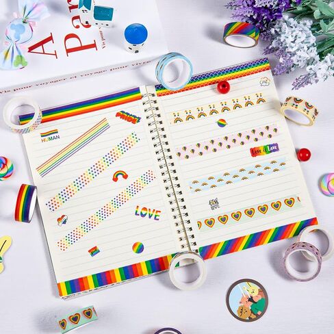 Whaline 12 Rolls Rainbow Washi Tape Gay Pride Day Washi Masking Tape Colorful Heart Love Decorative Paper Stickers for Birthday Gay Pride Day Scrapbook Gift Wrapping DIY Art Crafts in Saudi Arabia