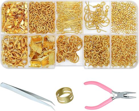 Gacuyi Jewelry Making Supplies Kit, Jewelry Repair Tools Kit with Pliers, Open Jump Rings, Lobster Clasps, Earring Hooks, Eye Pins, Findings and Beading Wires for Adults and Beginners (Gold) in Kuwait