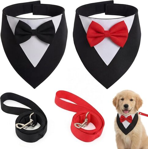 4 Pcs Valentine Formal Dog Tuxedo Sets with Bowtie Wedding Dog Bandana Collar with Nylon Leash Wedding Outfit Suit Adjustable Pet Party Costumes for Birthday(Black,Red,Large:21"-24.5") in Saudi Arabia