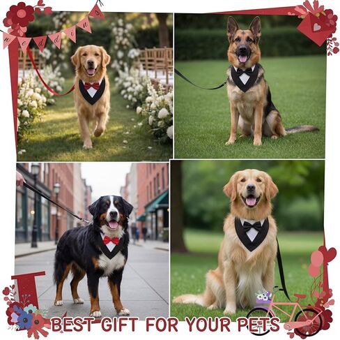 4 Pcs Valentine Formal Dog Tuxedo Sets with Bowtie Wedding Dog Bandana Collar with Nylon Leash Wedding Outfit Suit Adjustable Pet Party Costumes for Birthday(Black,Red,Large:21"-24.5") in Saudi Arabia