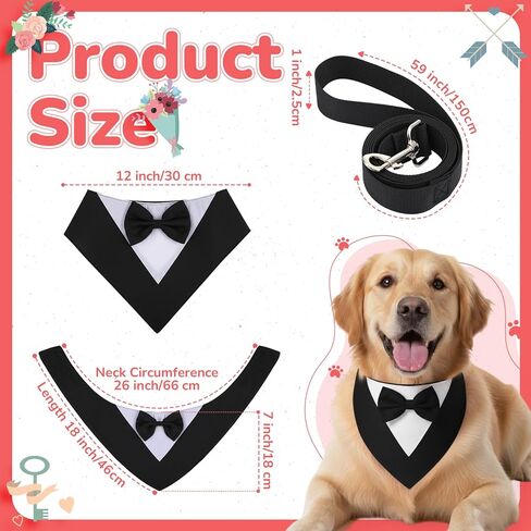 4 Pcs Valentine Formal Dog Tuxedo Sets with Bowtie Wedding Dog Bandana Collar with Nylon Leash Wedding Outfit Suit Adjustable Pet Party Costumes for Birthday(Black,Red,Large:21"-24.5") in Saudi Arabia
