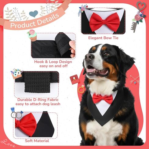 4 Pcs Valentine Formal Dog Tuxedo Sets with Bowtie Wedding Dog Bandana Collar with Nylon Leash Wedding Outfit Suit Adjustable Pet Party Costumes for Birthday(Black,Red,Large:21"-24.5") in Saudi Arabia