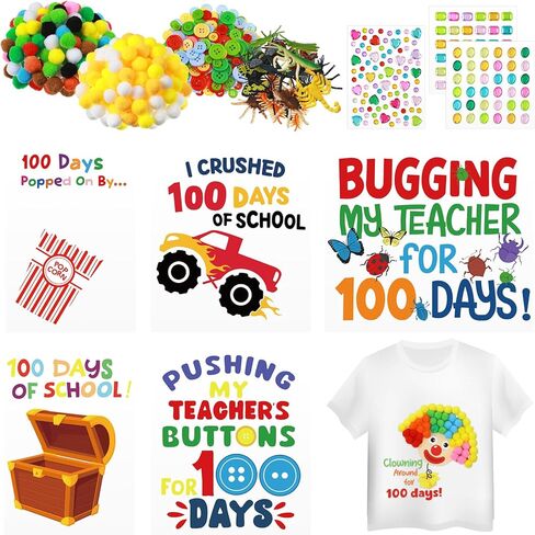 Glenmal 6 Sets DIY 100th Day of School Iron on Decals, Craft Kit with Patches Pompoms Buttons Gem Stickers Realistic Insects Popcorn Clown Heat Transfer Stickers for School Party DIY Clothing Bag in Saudi Arabia