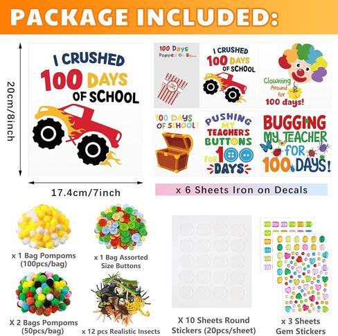 Glenmal 6 Sets DIY 100th Day of School Iron on Decals, Craft Kit with Patches Pompoms Buttons Gem Stickers Realistic Insects Popcorn Clown Heat Transfer Stickers for School Party DIY Clothing Bag in Saudi Arabia