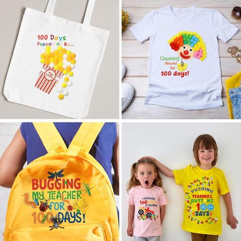 Glenmal 6 Sets DIY 100th Day of School Iron on Decals, Craft Kit with Patches Pompoms Buttons Gem Stickers Realistic Insects Popcorn Clown Heat Transfer Stickers for School Party DIY Clothing Bag in Saudi Arabia