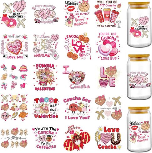 Valentine's Day UV DTF Stickers - 20 Sheets Tacos are My Valentine Funny UV DTF Cup Wraps for 16 oz Glass Water Bottle, Pink Heart Candy Ice Cream Transfer Decals DIY Tumbler Coffee Mug Gift for Women in Saudi Arabia