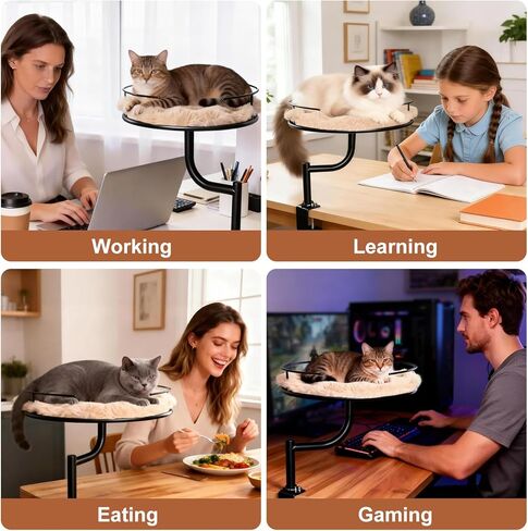 Cat Desk Bed - 360° Rotating & Adjustable Desk Cat Bed Attachment for Small Workspace, Supports 45 lbs, Washable Soft Thick Fur Mat, Large Kitten Nest Furniture for Office Desk Game Table in Saudi Arabia