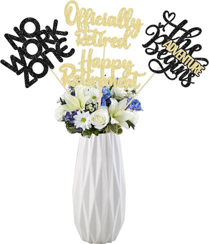 Ephlyn 16Pcs Happy Retirement Centerpiece Sticks Officially Retired Table Flower Centerpieces Sticks No Work Zone Floral Decorations for Farewell Birthday Party Centerpieces Supplies Gold in Saudi Arabia