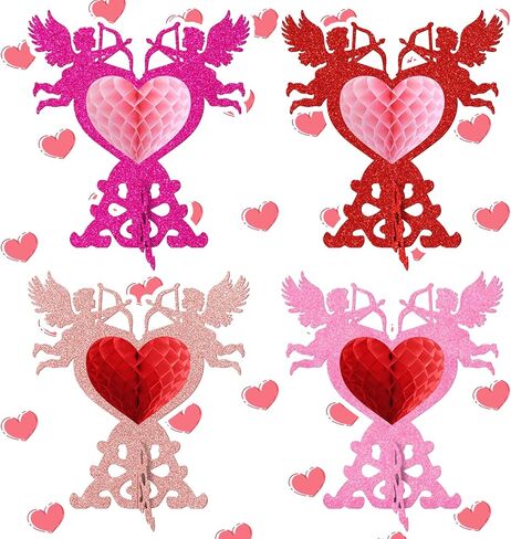 4 Pcs Romantic 3D Heart Honeycomb Decor with Cupid Design – Elegant Table Centerpiece for Valentine’s Day, Anniversary, or Romantic Dinner, Ready-to-Gift Home & Party Decoration in Saudi Arabia