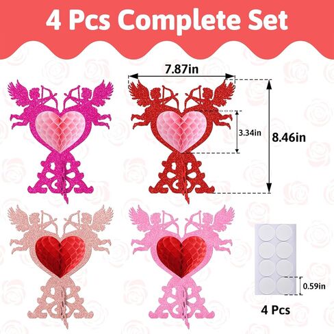 4 Pcs Romantic 3D Heart Honeycomb Decor with Cupid Design – Elegant Table Centerpiece for Valentine’s Day, Anniversary, or Romantic Dinner, Ready-to-Gift Home & Party Decoration in Saudi Arabia