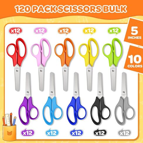 120 Pack Kids Scissors Bulk - 10 Colors 5" Safety Blunt Tip Comfort Grip Scissor for Preschool Kindergarten Elementary Classroom Student Cutting Paper, Back to School Supplies for Child in Saudi Arabia