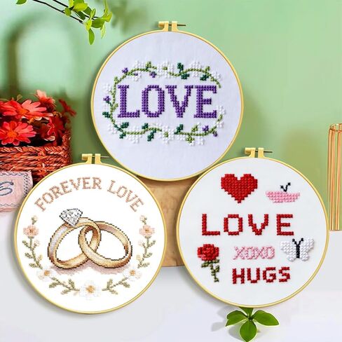 Zhenqing 3 Valentine's Day Cross Stitch Kit Set for Beginners, 11CT Printed 20x20cm with 16cm Hoop, Love Word & Ring & Rose Romantic Embroidery(70858) in Saudi Arabia