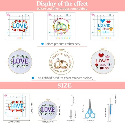 Zhenqing 3 Valentine's Day Cross Stitch Kit Set for Beginners, 11CT Printed 20x20cm with 16cm Hoop, Love Word & Ring & Rose Romantic Embroidery(70858) in Saudi Arabia