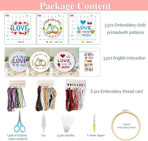 Zhenqing 3 Valentine's Day Cross Stitch Kit Set for Beginners, 11CT Printed 20x20cm with 16cm Hoop, Love Word & Ring & Rose Romantic Embroidery(70858) in Saudi Arabia