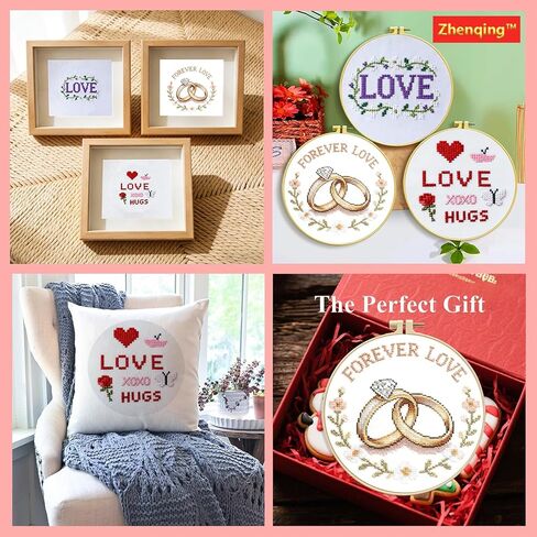 Zhenqing 3 Valentine's Day Cross Stitch Kit Set for Beginners, 11CT Printed 20x20cm with 16cm Hoop, Love Word & Ring & Rose Romantic Embroidery(70858) in Saudi Arabia