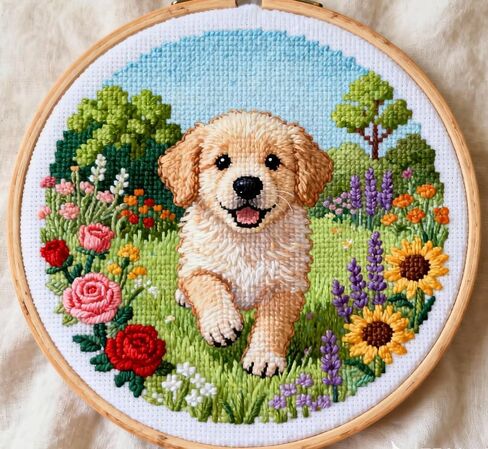 Zhenqing Golden Retriever Cross Stitch Kit in Flower Garden, 11CT Printed 24x24cm with Hoop, Beginner-Friendly Embroidery Set (70799) in Saudi Arabia