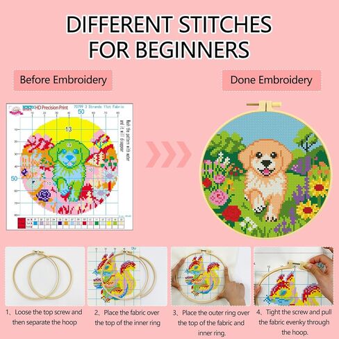 Zhenqing Golden Retriever Cross Stitch Kit in Flower Garden, 11CT Printed 24x24cm with Hoop, Beginner-Friendly Embroidery Set (70799) in Saudi Arabia