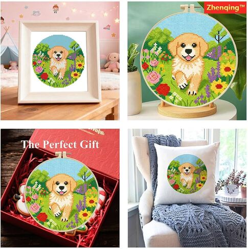 Zhenqing Golden Retriever Cross Stitch Kit in Flower Garden, 11CT Printed 24x24cm with Hoop, Beginner-Friendly Embroidery Set (70799) in Saudi Arabia