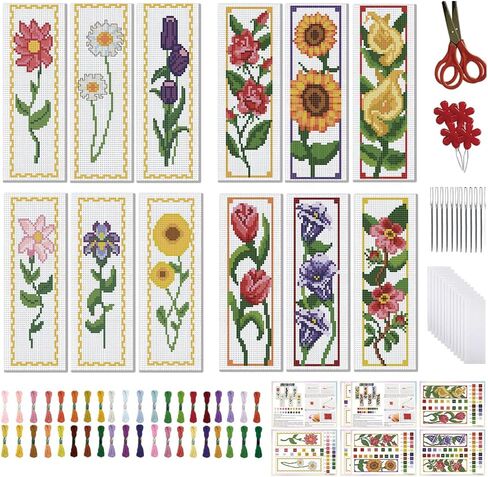 FREEBLOSS 12 Set Cross Stitch Bookmark Kit Flower Stamped Cross Stitch Kit Full Embroidery Set with Instruction for Adults Beginners 11CT 8"x 2.4" in Saudi Arabia