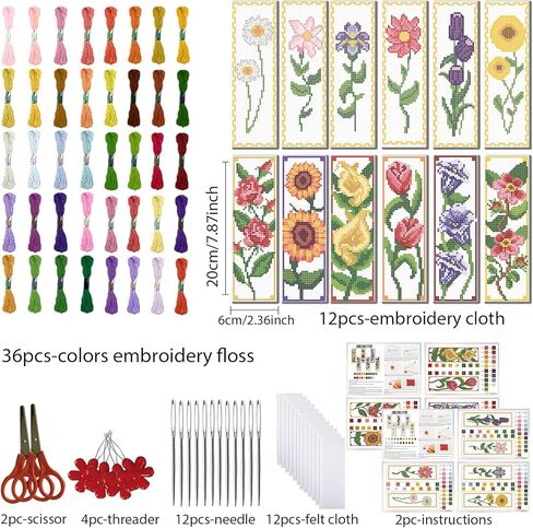 FREEBLOSS 12 Set Cross Stitch Bookmark Kit Flower Stamped Cross Stitch Kit Full Embroidery Set with Instruction for Adults Beginners 11CT 8"x 2.4" in Saudi Arabia