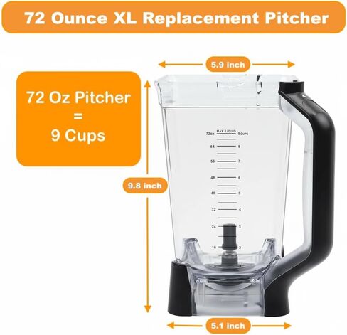 إبريق مزج XL سعة 72oz مع غطاء علوي متوافق مع Ninja BL610، BL710WM، BL710WMC، CO610B، CO650B، CT610 in Saudi Arabia
