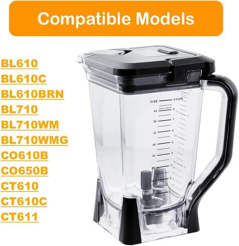 إبريق مزج XL سعة 72oz مع غطاء علوي متوافق مع Ninja BL610، BL710WM، BL710WMC، CO610B، CO650B، CT610 in Saudi Arabia