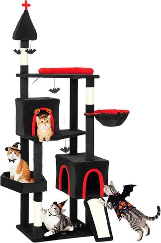 PawHut Gothic Cat Tree, 78" Extra Tall Cat Tower for Indoor Kittens with 2 Spacious Condos, Sisal Scratching Posts, 4 Bat Hanging Balls, Comfy Hammock, Ramp, Bed, Black and Red Halloween in Saudi Arabia