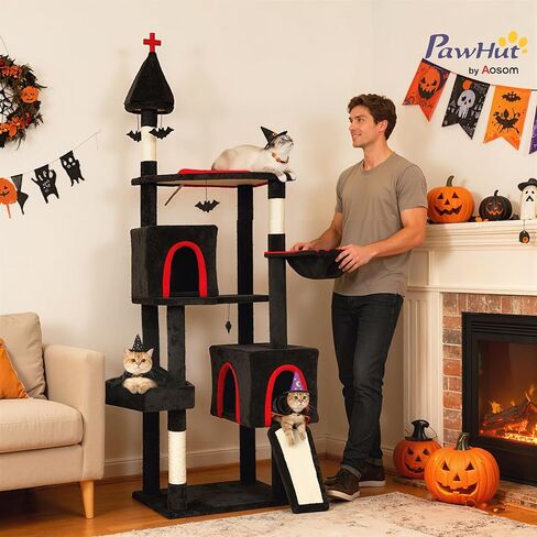 PawHut Gothic Cat Tree, 78" Extra Tall Cat Tower for Indoor Kittens with 2 Spacious Condos, Sisal Scratching Posts, 4 Bat Hanging Balls, Comfy Hammock, Ramp, Bed, Black and Red Halloween in Saudi Arabia