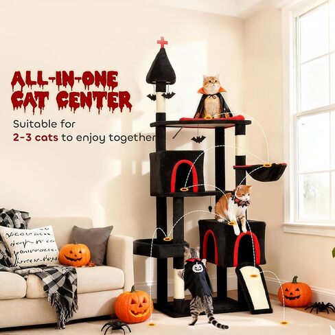 PawHut Gothic Cat Tree, 78" Extra Tall Cat Tower for Indoor Kittens with 2 Spacious Condos, Sisal Scratching Posts, 4 Bat Hanging Balls, Comfy Hammock, Ramp, Bed, Black and Red Halloween in Saudi Arabia