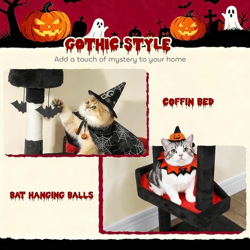 PawHut Gothic Cat Tree, 78" Extra Tall Cat Tower for Indoor Kittens with 2 Spacious Condos, Sisal Scratching Posts, 4 Bat Hanging Balls, Comfy Hammock, Ramp, Bed, Black and Red Halloween in Saudi Arabia