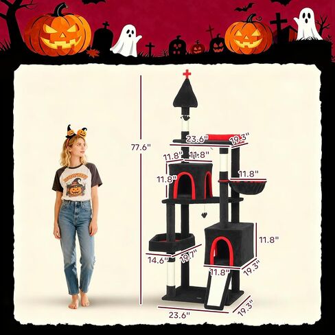 PawHut Gothic Cat Tree, 78" Extra Tall Cat Tower for Indoor Kittens with 2 Spacious Condos, Sisal Scratching Posts, 4 Bat Hanging Balls, Comfy Hammock, Ramp, Bed, Black and Red Halloween in Saudi Arabia