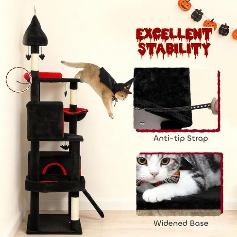 PawHut Gothic Cat Tree, 78" Extra Tall Cat Tower for Indoor Kittens with 2 Spacious Condos, Sisal Scratching Posts, 4 Bat Hanging Balls, Comfy Hammock, Ramp, Bed, Black and Red Halloween in Saudi Arabia