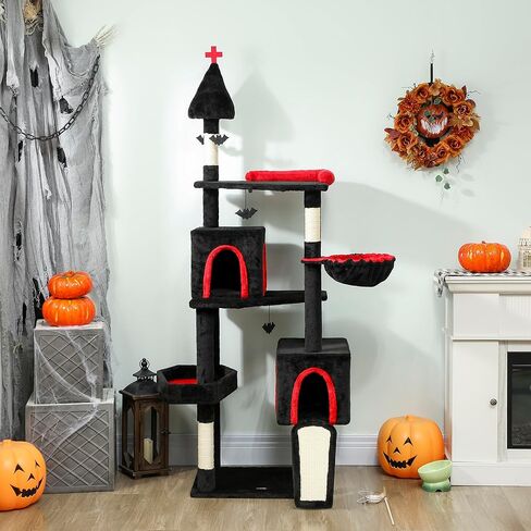 PawHut Gothic Cat Tree, 78" Extra Tall Cat Tower for Indoor Kittens with 2 Spacious Condos, Sisal Scratching Posts, 4 Bat Hanging Balls, Comfy Hammock, Ramp, Bed, Black and Red Halloween in Saudi Arabia