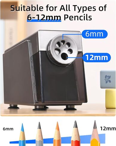 ZMOL Heavy Duty Electric Pencil Sharpener, 6-Hole Classroom Pencil Sharpener for 6-12mm No.2 & Colored Pencils, Auto Stop, 3 Sharpness Settings, Replaceable Cutter, AC Powered, Black in Saudi Arabia