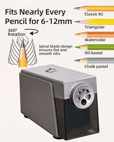 ZMOL Heavy Duty Electric Pencil Sharpener, 6-Hole Classroom Pencil Sharpener for 6-12mm No.2 & Colored Pencils, Auto Stop, 3 Sharpness Settings, Replaceable Cutter, AC Powered, Black in Saudi Arabia