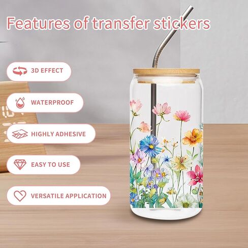 UV DTF Cup Wrap - 10 Sheet Flower UV DTF Transfer Stickers, Floral Flower Wraps for Glass, Botanical Waterproof Decals, DIY Crafts for Nature Lovers Gardeners in Saudi Arabia